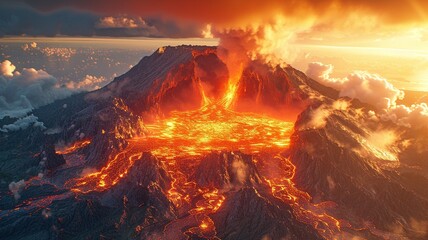 Apocalyptic settings around a volcano that has erupted, with flaming lava scalding and gushing out of the crater and volcanic smoke and gases filling the air. - obrazy, fototapety, plakaty
