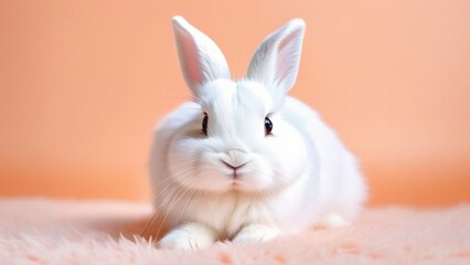 A white rabbit on a peach fuzz background , the concept of an Easter holiday