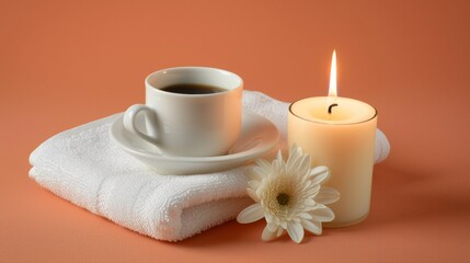Fototapeta na wymiar A serene setup with a cup of coffee on a white saucer resting on a folded white towel, accompanied by a lit candle and a white daisy on a peach background