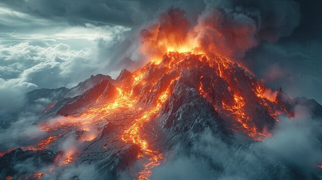 Apocalyptic settings around a volcano that has erupted, with flaming lava scalding and gushing out of the crater and volcanic smoke and gases filling the air.