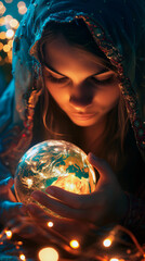 Naklejka premium Young woman fortune teller looking at a fortune telling ball which is a glowing earth globe. Concept of mysticism, earth awareness, global issues, future predictions 