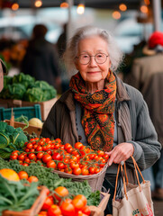 Old Asian woman in glasses bying vegetables at the famers market. Concept of  healthy eating, sustainable living, organic shopping and healthy lifestyles
