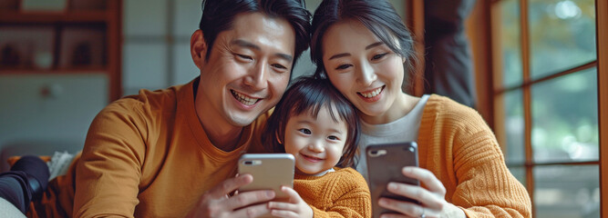 Warm, large Asian family spending the weekend in their comfortable home's living room, utilising a cell phone to make group video calls. - obrazy, fototapety, plakaty
