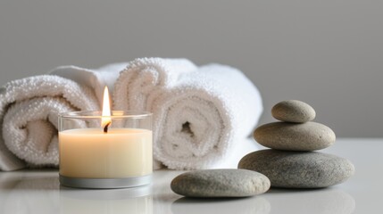 Fototapeta na wymiar Zen stones, candle and white towel on minimal background, spa therapy concept 