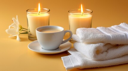 Fototapeta na wymiar White Coffee Cup, Candles, towel and flower on beige background, spa concept 