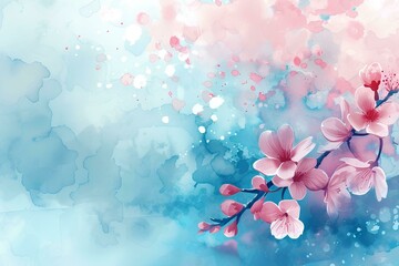 Fototapeta na wymiar cherry blossom sakura Watercolor background with soft pastel colors, flowers and leaves, nature background for invitation, wedding card