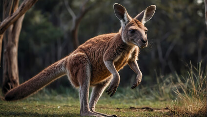 A close-up of a kangaroo hopping with its front paws just above the ground, curiously looking at the camera.