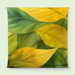 Mock-up fanion en tissu tenu aux 4 angles avec un imprimé feuilles jaunes et vertes attaché avec des épingles sur un mur vert pistache. 