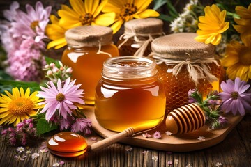 Honey in glass jars with flowers background