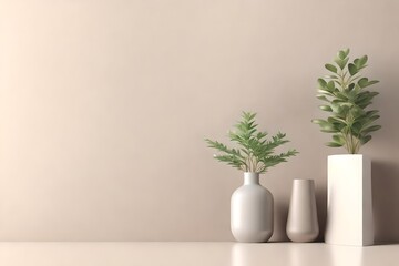 Mock-up Of blank gray wall background with Small Plant In beige Vase. Home decoration. Close up home decor. Empty interior template . 3d render. illustration