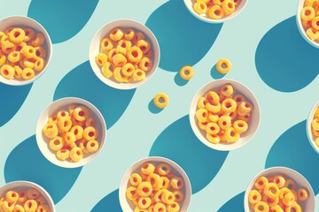 Multiple bowls of colorful cereal on a blue patterned background, top view