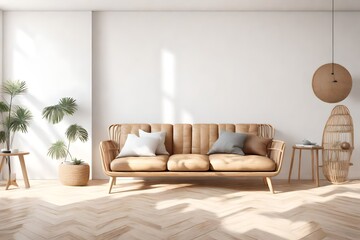 Fototapeta na wymiar Blank empty white wall in stylish modern wooden living room. Scandinavian style. Rattan sofa. Wooden tables. Parquet floor. home decor. 3d render. Illustration