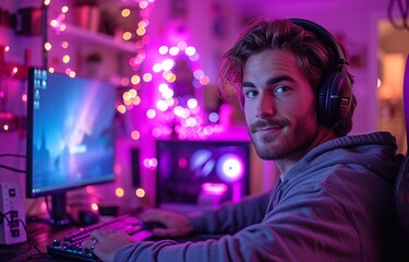 Fototapeta na wymiar A cheerful and attractive young male game streamer or caster is playing video games on his computer while relaxing in his home's room with neon lights.