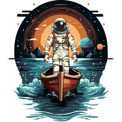 Astronaut in the boat on the background of the planet. Vector illustration