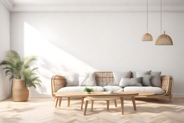 Blank empty white wall in stylish modern wooden living room. Scandinavian style. Rattan sofa. Wooden tables. Parquet floor. home decor. 3d render. Illustration