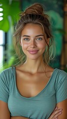 Fototapeta premium youthful, cheerful, smiling woman with a green house at home in her turquoise shirt.