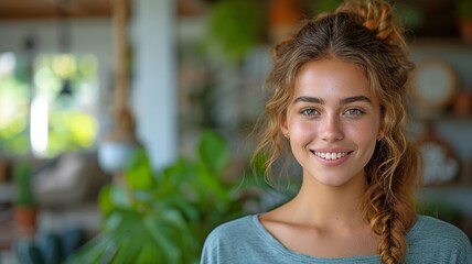 Fototapeta premium youthful, cheerful, smiling woman with a green house at home in her turquoise shirt.