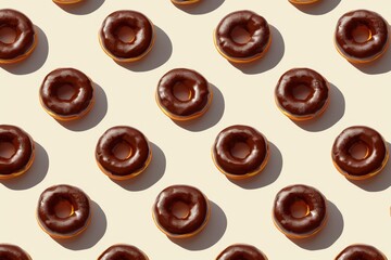 Fototapeta premium A flat lay of chocolate glazed donuts arranged in a neat pattern on a light background. Each donut has a shiny chocolate coating and a soft, fluffy texture