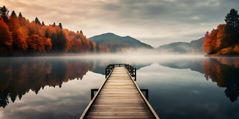 Fototapeta premium A wooden pier with a morning sence in the autumn generated ai