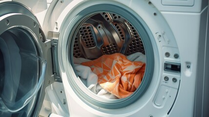 an open washing machine with laundry in it