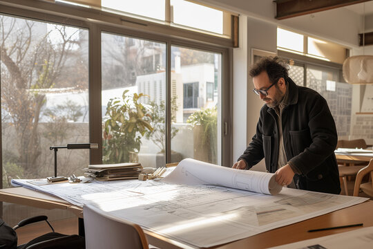 architecte homme caucasien en train de d&eacute;rouler des plans d'architecte sur une table d'architecte dans son &eacute;tude.
