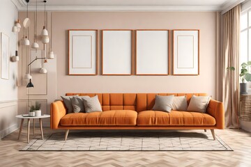 Interior design of modern Scandinavian apartment, living room in neutral colors mock up, three empty frames poster .Orange and beige sofa and plaid colors. Straight shot interior , 3D rendering, 3D il