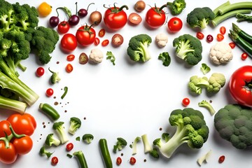 A row of vegetables including broccoli, tomatoes, lettuce, squash, cauliflower, peppers, asparagus and cherry tomatoes on a white background