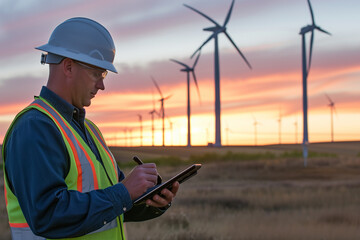 ingénieur avec sa tablette numérique en main qui travaille sur le terrain au réglage des éoliennes pour une énergie durable et renouvelable propre   - obrazy, fototapety, plakaty