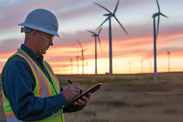 Foto op Plexiglas ingénieur avec sa tablette numérique en main qui travaille sur le terrain au réglage des éoliennes pour une énergie durable et renouvelable propre   © Noble Nature