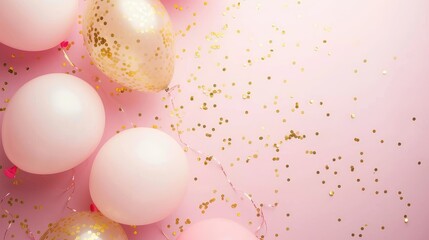 Fototapeta na wymiar Pink and Gold Balloons with Confetti Celebration Background