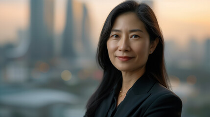 Fototapeta premium Attractive Asian businesswoman manager standing confident with blurred office buildings as a background