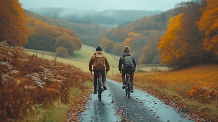 Riding bikes on a route through verdant mountain pastures during the autumn, from above - obrazy, fototapety, plakaty