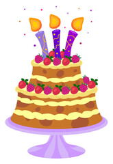 Funny cartoon birthday cake with strawberries and raspberries with candles, confetti, vector. Isolated on white background.