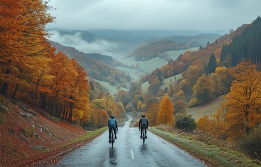 Riding bikes on a route through verdant mountain pastures during the autumn, from above