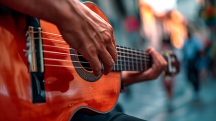 A striking close-up shot of a street musician's hands passionately playing the guitar. Generate AI.