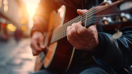 Fototapeta premium A striking close-up shot of a street musician's hands passionately playing the guitar. Generate AI.