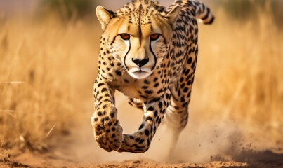 Cheetah Running Through Dry Grass Field