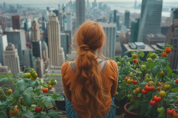 Red-haired girl sitting on the rooftop of a skyscraper with her tomato plantation and looking at the views of the city skyline. Sustainability - Powered by Adobe