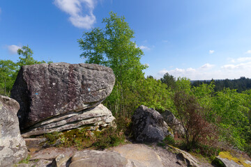 Forest path Denecourt 11 in the Etroitures rock. Fontainebleau forest