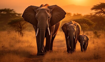 Elephants Walking Across Grass Field