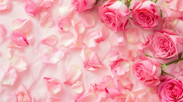 Soft pink background with various pink petals of roses