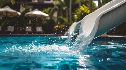 Water slide splashing into a resort pool