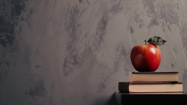 A red apple sitting on top of a stack of books on top of a black table next to a gray wall