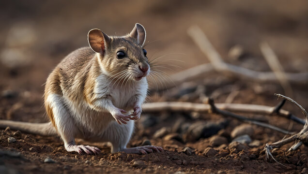 A close-up of a kangaroo rat standing on its hind legs with its tiny front paws touching the earth, curiously looking at the camera.