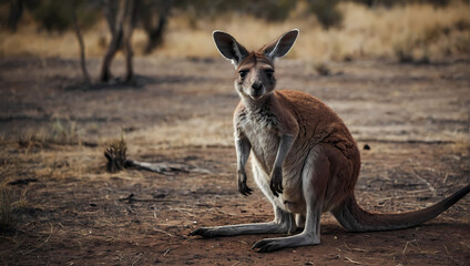 A close-up of a kangaroo sitting on the ground with its front paws touching the earth, gazing at the camera.