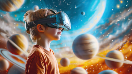 School child with virtual reality glasses studying astronomy against the background of the planets of the solar system. The concept of using virtual reality in school studying 