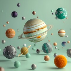 floating planets on the pastel light color background