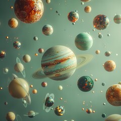 floating planets on the pastel light color background