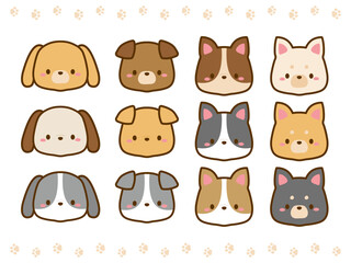 かわいい犬のベクターイラストのセット。いろいろな種類の犬たちの顔のアイコンのイラスト。