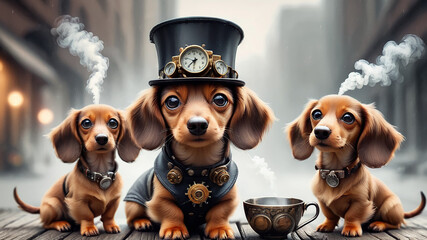 Portrait of a dachshund with steampunk hat